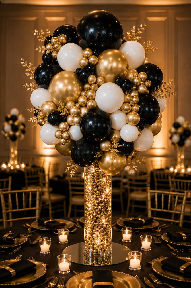 Black & Gold Balloon Centerpiece — ISC Events & Rentals